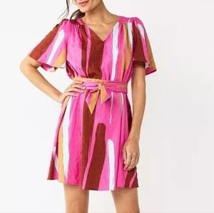 Nine West striped flutter sleeves v neck belted mini dress, small, pink